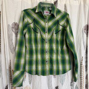 Roper Smile Pocket Rodeo Western Green Plaid Shirt SM